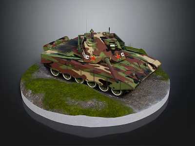 Military Tank Model With Camouflage Paint And Red Star Emblems On Grass Gravel Base 3d model