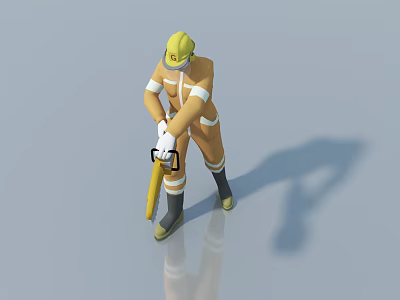 Game Movie Firefighter Character With Yellow Helmet Orange Uniform And Tool 3d model
