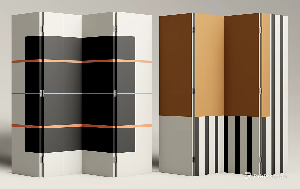 Modern Geometric Room Divider With Black White Orange Color Blocks And Striped Panels 3d model 