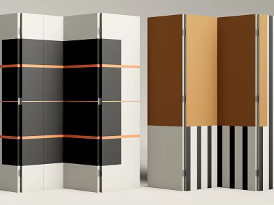 Modern Geometric Room Divider With Black White Orange Color Blocks And Striped Panels 3d model