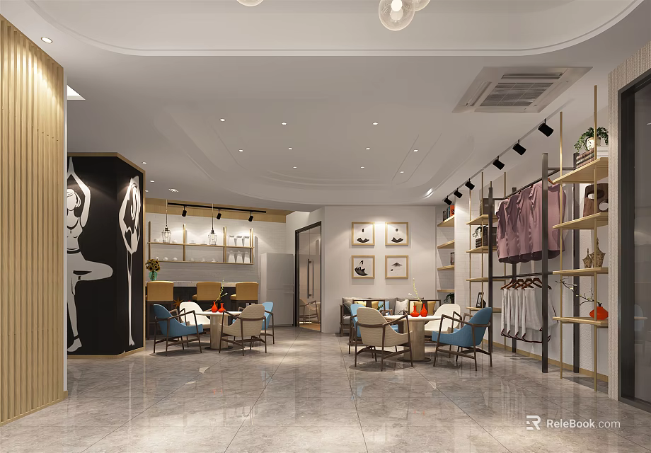 Modern Store Front Desk Interior With Display Shelves Lighting And Seating Areas 3d model 