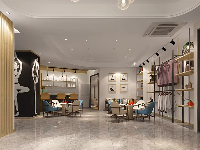 Modern Store Front Desk Interior With Display Shelves Lighting And Seating Areas 3d model