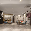 Modern Store Front Desk Interior With Display Shelves Lighting And Seating Areas