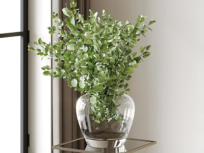 Decorative Glass Vase With Fresh Green Foliage On Metal Table By Window 3d model