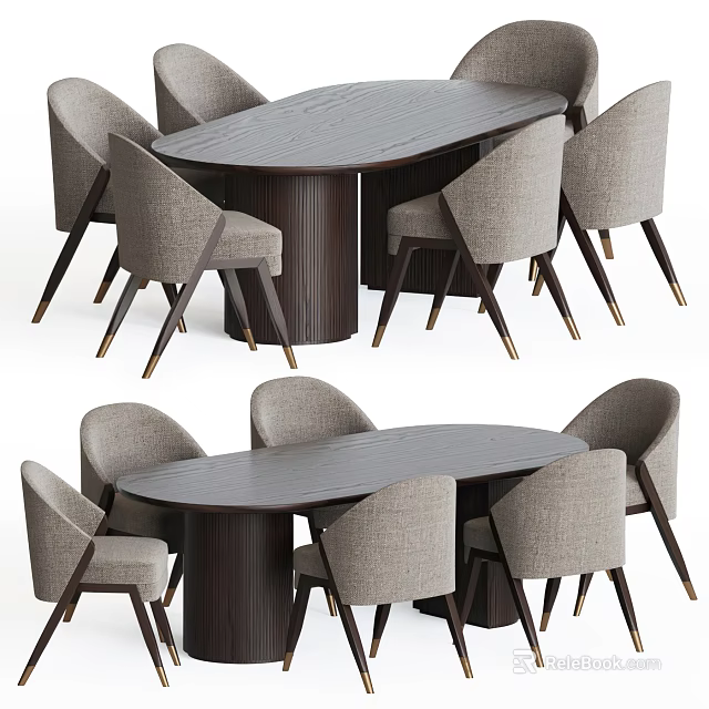 Oval Wooden Dining Table Set with Cylindrical Base Upholstered Chairs and Metal Legs 3d model 