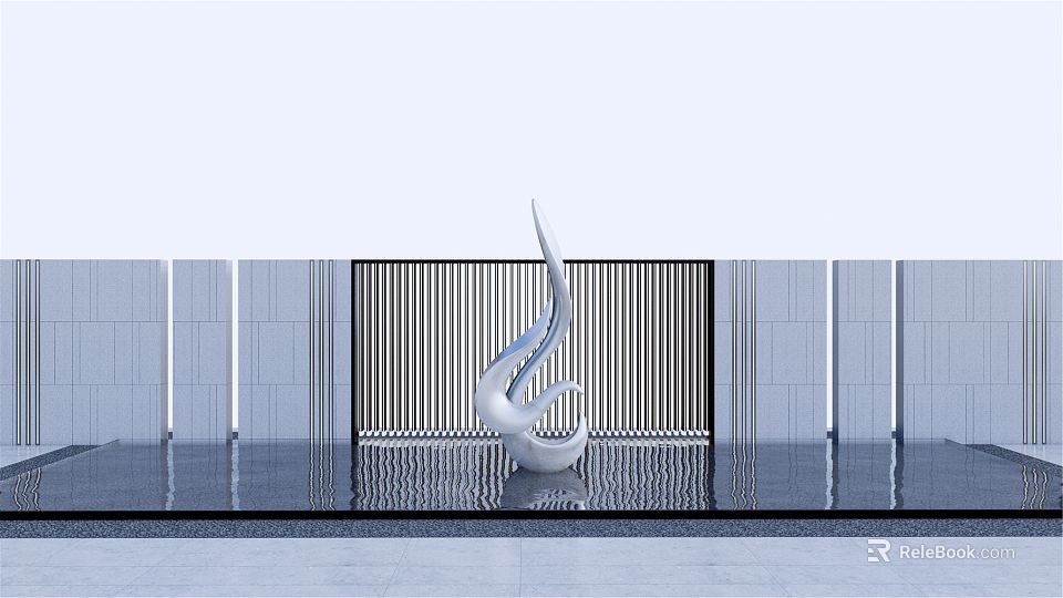 White Streamlined Landscape Sculpture by Water Surface With Vertical Slat Screen and Gray Walls 3d model 