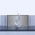 White Streamlined Landscape Sculpture by Water Surface With Vertical Slat Screen and Gray Walls