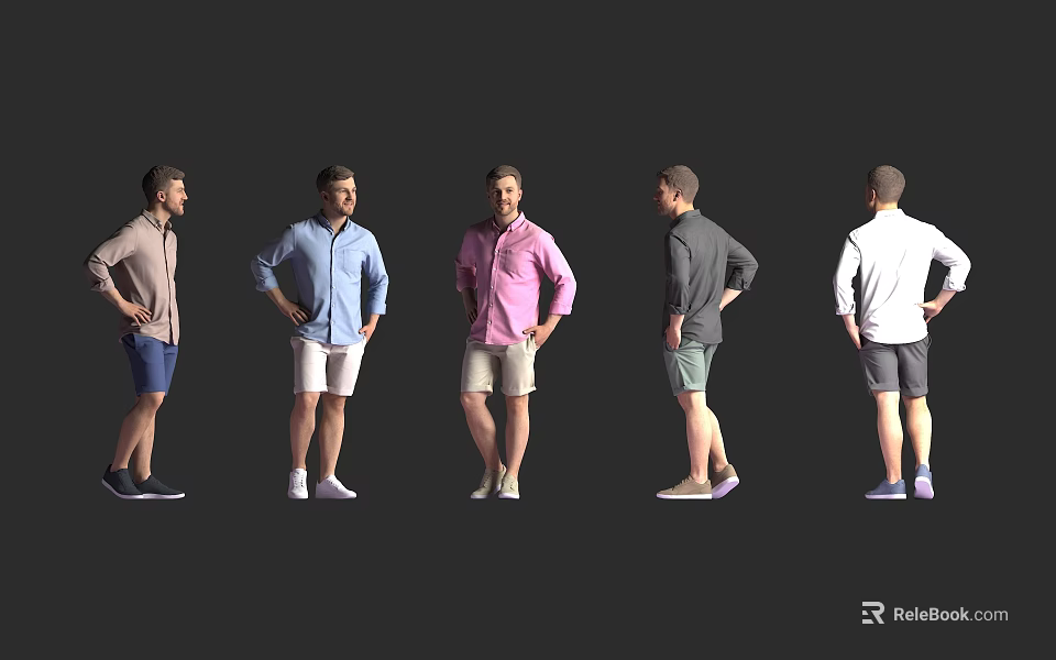 Man in Different Casual Outfits Standing in Various Poses Against Black Background 3d model 