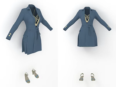 Elegant Blue Long Coat With Belt Cuffed Sleeves And Decorative Front Pair With Sandals 3d model