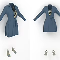 Elegant Blue Long Coat With Belt Cuffed Sleeves And Decorative Front Pair With Sandals