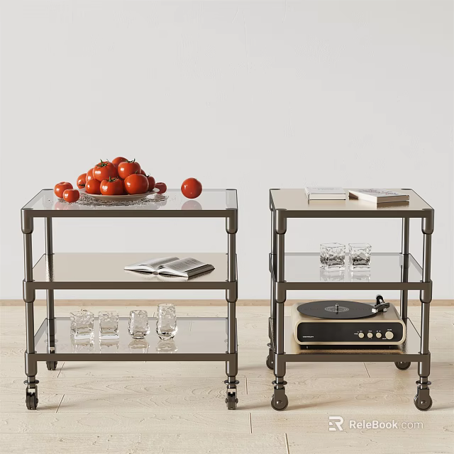 Metal Frame Side Tables With Glass Shelves Wheels Tomatoes Apple Magazine And Record Player 3d model 