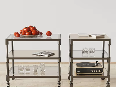 Metal Frame Side Tables With Glass Shelves Wheels Tomatoes Apple Magazine And Record Player 3d model