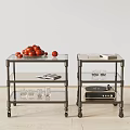 Metal Frame Side Tables With Glass Shelves Wheels Tomatoes Apple Magazine And Record Player