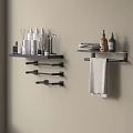 Modern Bathroom Accessories Including Wall Mounted Shelves Towel Racks and Toiletries