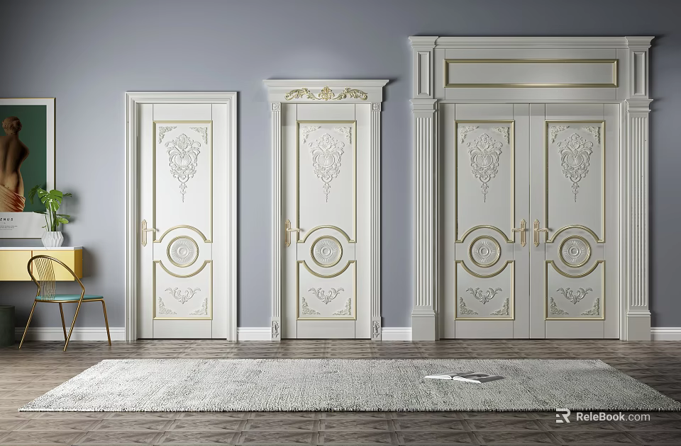 White Classic Interior Swing Doors With Golden Carvings And Elegant Design 3d model 