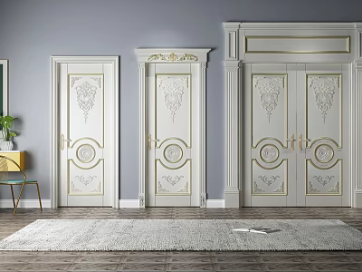 White Classic Interior Swing Doors With Golden Carvings And Elegant Design 3d model