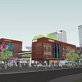Modern Commercial Street With Brauhaus Building Red Facade Glass Windows And Pedestrians