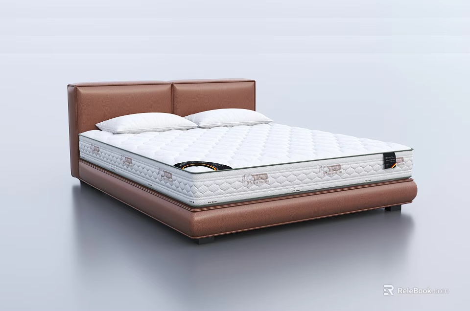Double Bed Featuring Brown Leather Double Cushioned Headboard White Quilted Mattress And Two White Pillows 3d model 