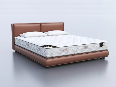 Double Bed Featuring Brown Leather Double Cushioned Headboard White Quilted Mattress And Two White Pillows 3d model