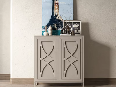Gray Entryway Cabinet Sideboard With Geometric Pattern Doors Decorative Vases Frames And Artwork On Top 3d model
