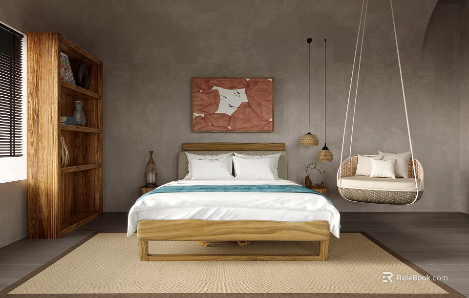 Hotel Guest Room With Wooden Bed White Bedding Red Decorative Painting And Wicker Swing Chair 3d model 