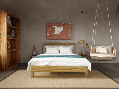 Hotel Guest Room With Wooden Bed White Bedding Red Decorative Painting And Wicker Swing Chair 3d model