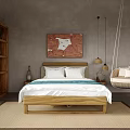 Hotel Guest Room With Wooden Bed White Bedding Red Decorative Painting And Wicker Swing Chair