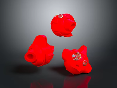 Three Red Aquatic Animals With Transparent Details On Dark Reflective Surface 3d model