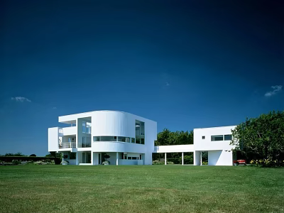 Modern Detached Villa With White Exterior Large Windows Green Lawn And Blue Sky 3d model