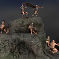 Roman Soldiers and Small Humanoid Figures on Rocky Mountain Sculpture with Dynamic Poses