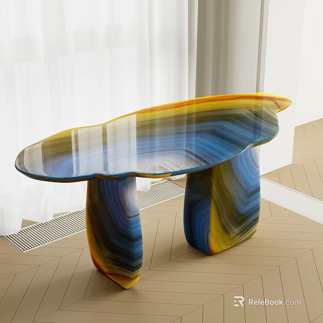 Modern Elegant Coffee Table With Oval Agate Texture Glass Top And Blue Yellow Stripes Legs 3d model 