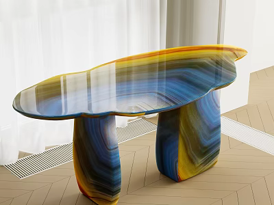 Modern Elegant Coffee Table With Oval Agate Texture Glass Top And Blue Yellow Stripes Legs 3d model