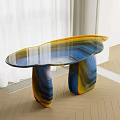 Modern Elegant Coffee Table With Oval Agate Texture Glass Top And Blue Yellow Stripes Legs