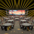 Grand Stage Design With Yellow Spotlights And Large Screen Red Blue Cloud Background