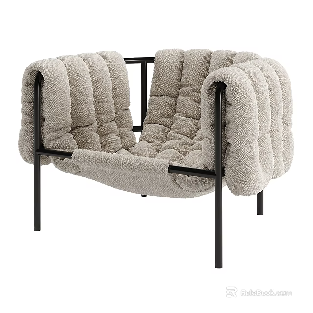 Stylish Single Seater Sofa With Fluffy Bouclé Fabric And Black Metal Frame 3d model 