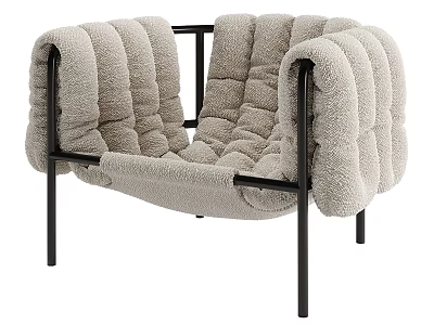 Stylish Single Seater Sofa With Fluffy Bouclé Fabric And Black Metal Frame 3d model