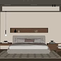 Modern Bedroom Interior With Upholstered Bed Wooden Wall Shelf Patterned Rug And Accent Chair