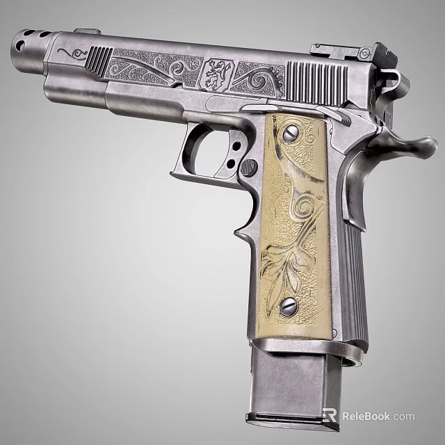 Intricately Engraved Silver Pistol Featuring Decorative Wooden Grip And Floral Patterns 3d model 