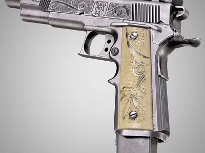 Intricately Engraved Silver Pistol Featuring Decorative Wooden Grip And Floral Patterns 3d model