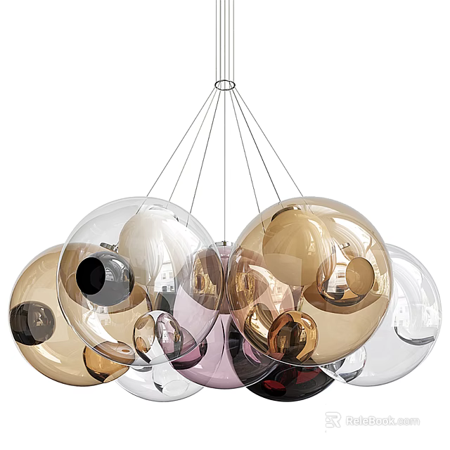 Modern Chandelier With Multiple Colored Spheres In Transparent And Metallic Tones 3d model 