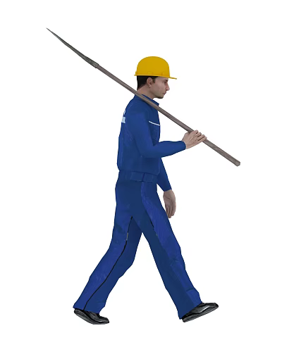 Man in blue work uniform with yellow safety helmet carrying a long stick over shoulder 3d model