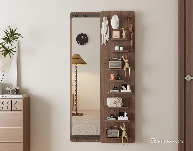 Wall Mounted Mirror With Pegboard Hooks Decorative Storage And Floor Lamp In Modern Interior 3d model 
