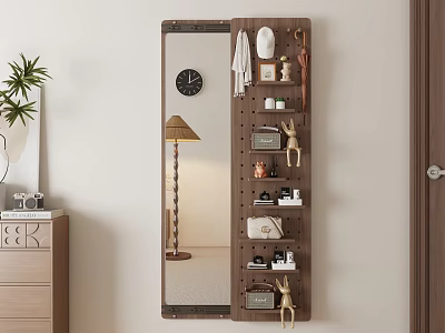 Wall Mounted Mirror With Pegboard Hooks Decorative Storage And Floor Lamp In Modern Interior 3d model
