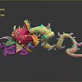 Colorful 3D Fantasy Monster Game Movie Character with Pink Yellow Body Spikes and Tentacles
