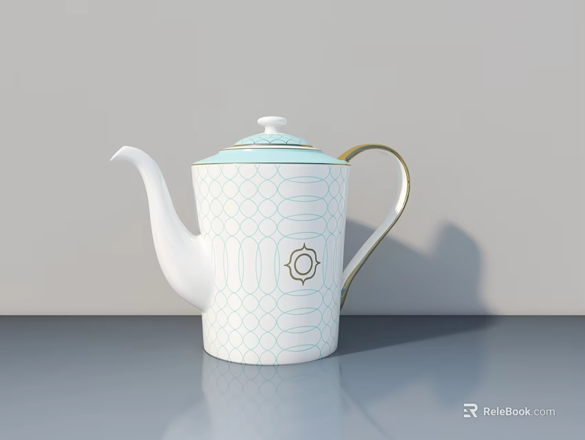 White Electric Kettle With Blue Hexagonal Pattern And Golden Handle Modern Design Household Appliance 3d model 