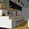 Bubble Tea Shop Interior With Counter Seating Green Plants And Hanging Lights