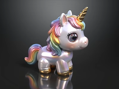 Cute Unicorn Doll With Rainbow Mane Tail Large Shiny Eyes Golden Horn Hooves Shiny Body 3d model