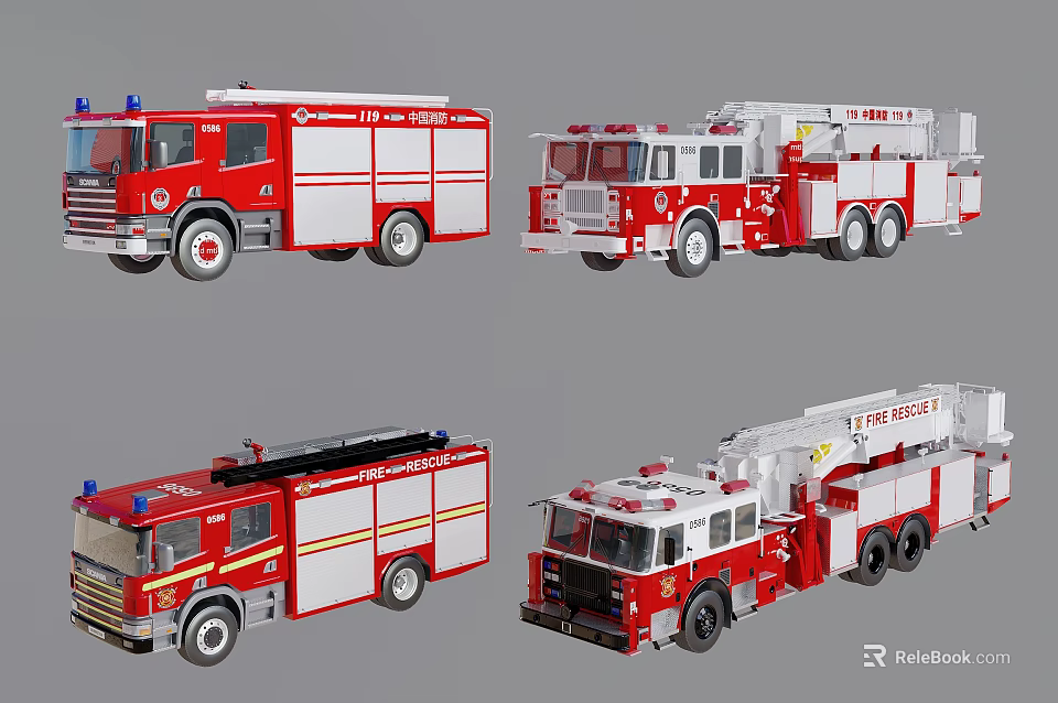 Four Red Fire Trucks Collection Featuring Ladder Tanker And Rescue Models 3d model 