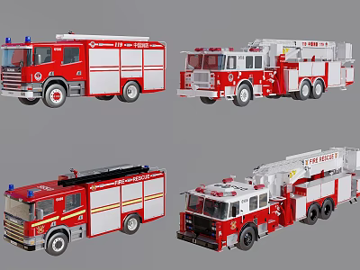 Four Red Fire Trucks Collection Featuring Ladder Tanker And Rescue Models 3d model