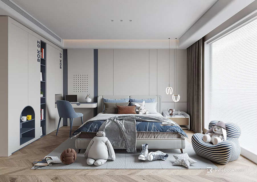 Modern Kids Room Interior With Bed Desk Stuffed Toys Decorative Rug And Window 3d model 